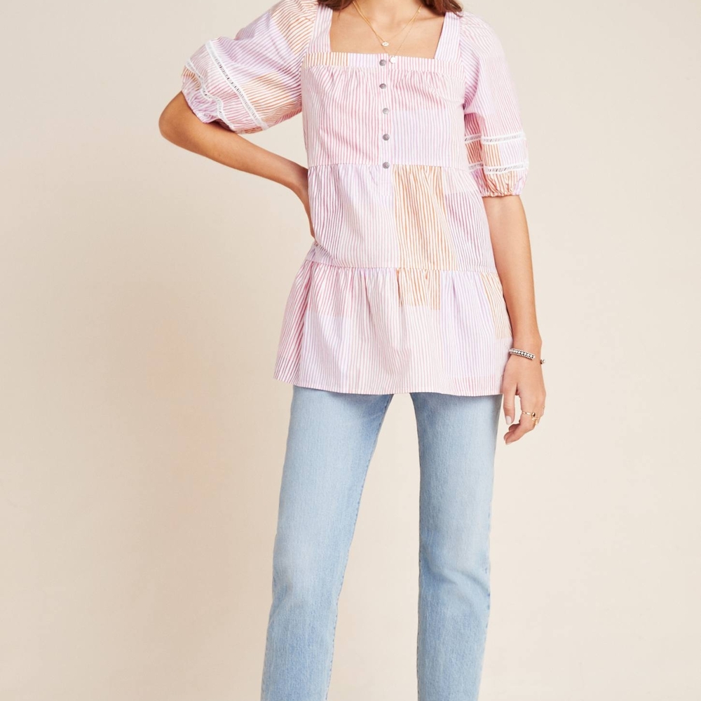 Maeve Pink Puff Sleeve Bib Collar Blouse